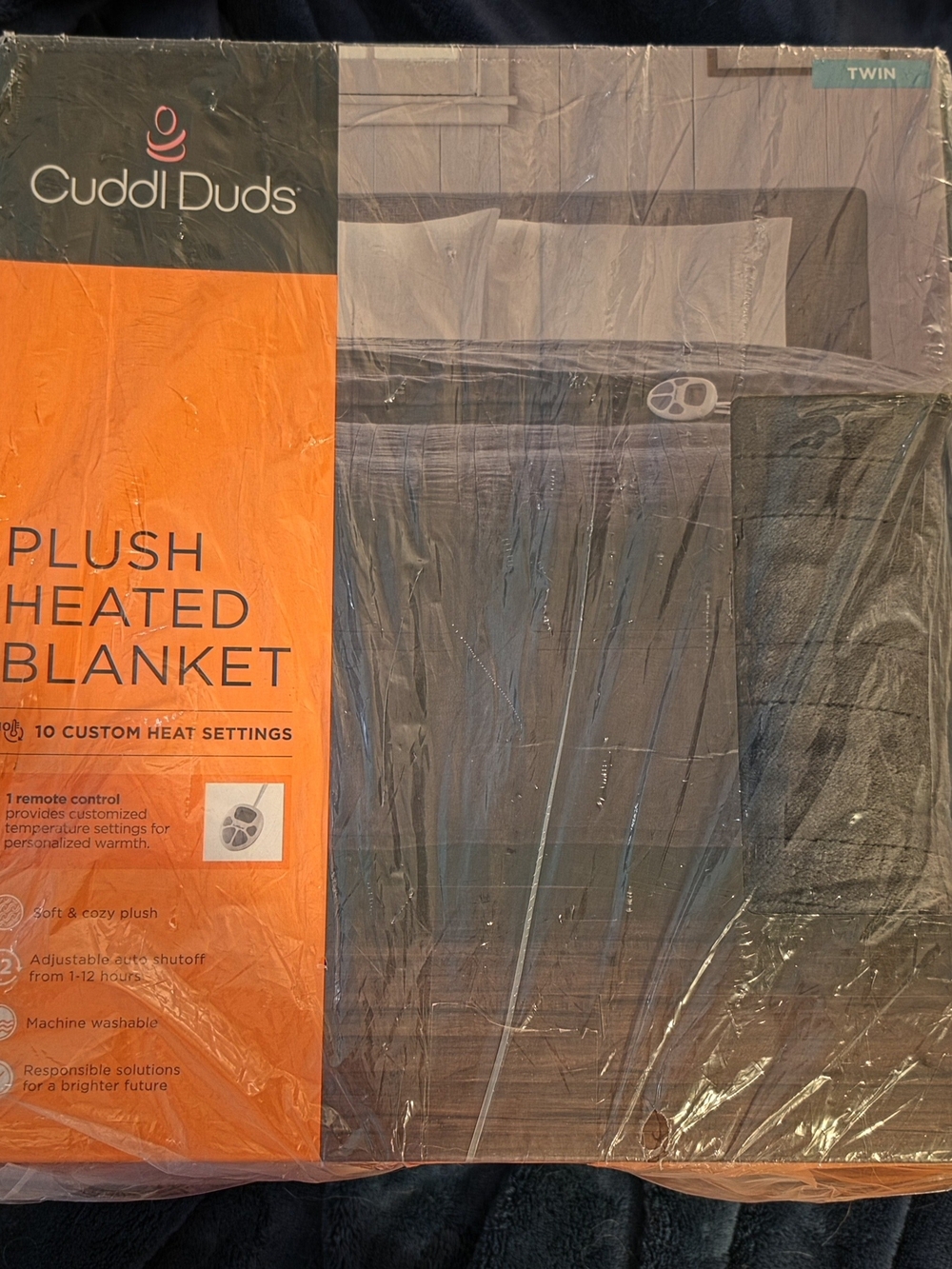 Cuddl Duds Plush Heated Blanket - Gray & Orange Packaging